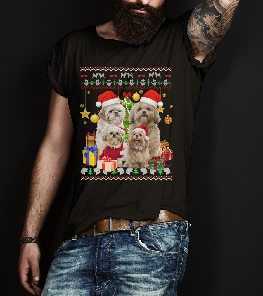 Shih Tzu Santa Hat Christmas Sweater Puppies And Presents T-Shirt