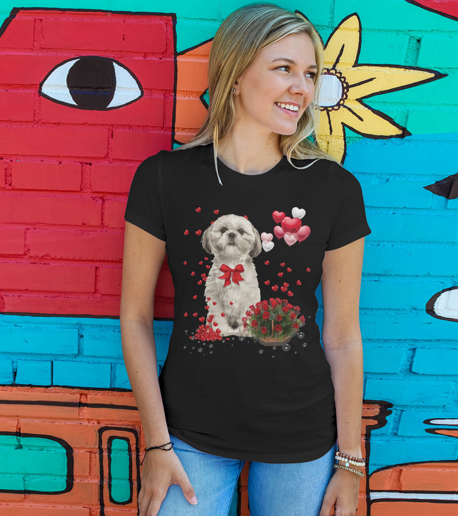 Shih Tzu Valentines Day Funny Dog Lover Happy Vale Roses Hearts Balloons T-Shirt