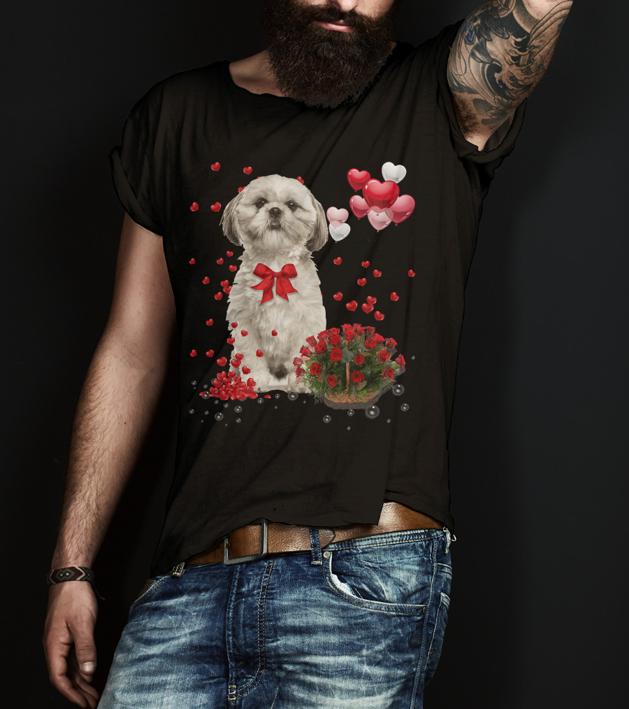 Shih Tzu Valentines Day Funny Dog Lover Happy Vale Roses Hearts Balloons T-Shirt