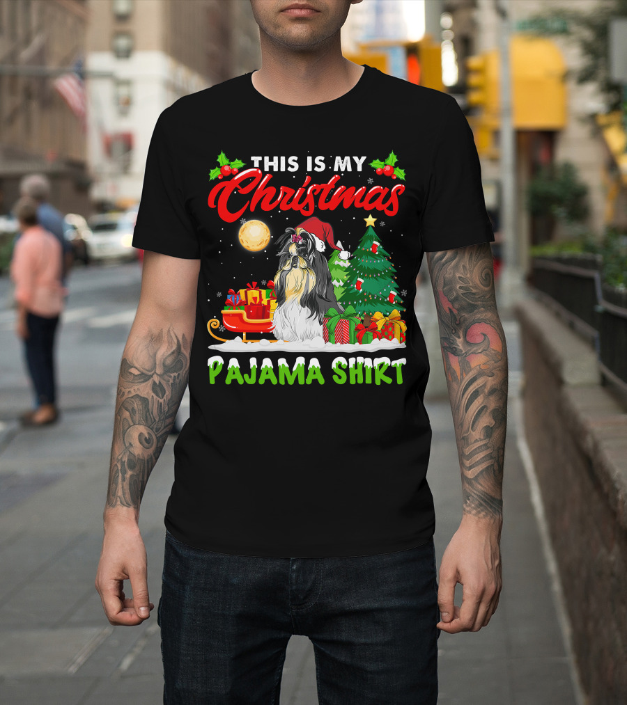 Christmas Pajama Shih Tzu Dog With Santa Hat And Presents T-Shirt