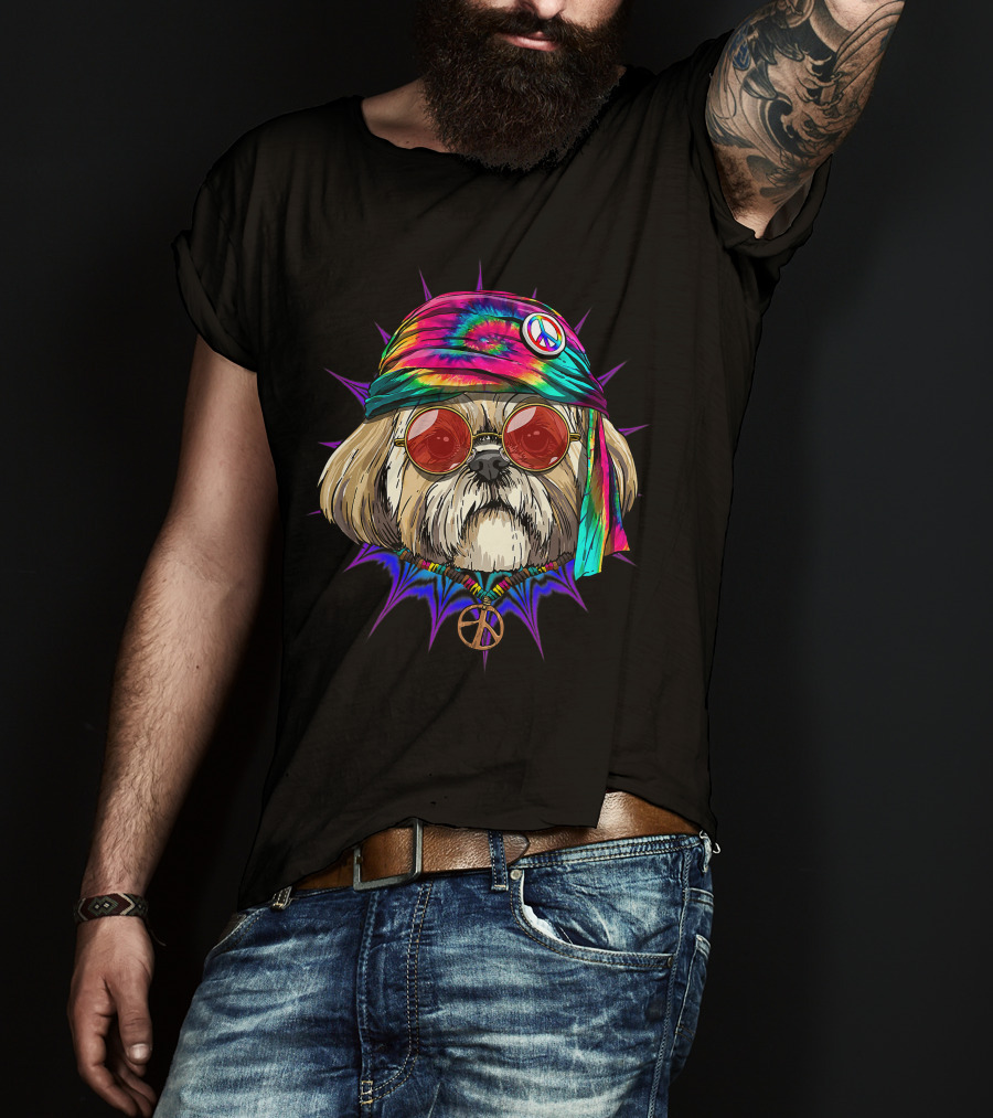 Tie Dye Hippie Shih Tzu Peace Love Hippiness Dog T-Shirt