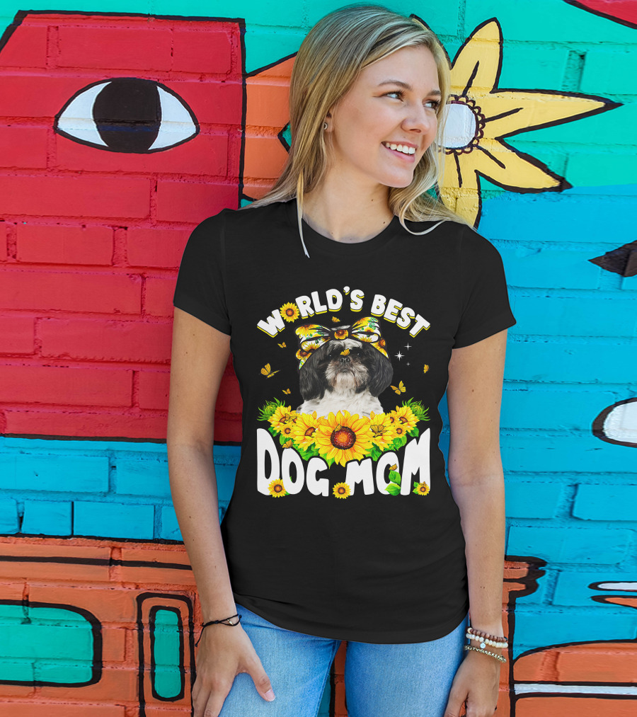World's Best Shih Tzu Dog Mom Sunflowers And Butterflies T-Shirt