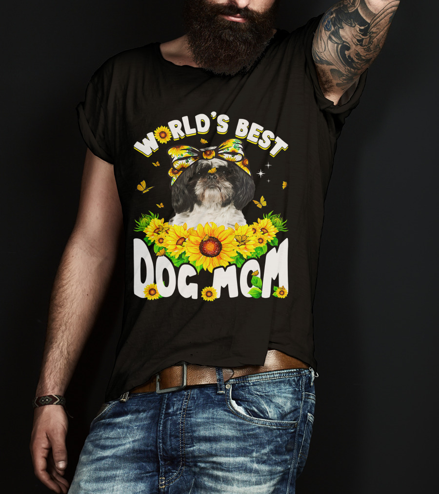 World's Best Shih Tzu Dog Mom Sunflowers And Butterflies T-Shirt