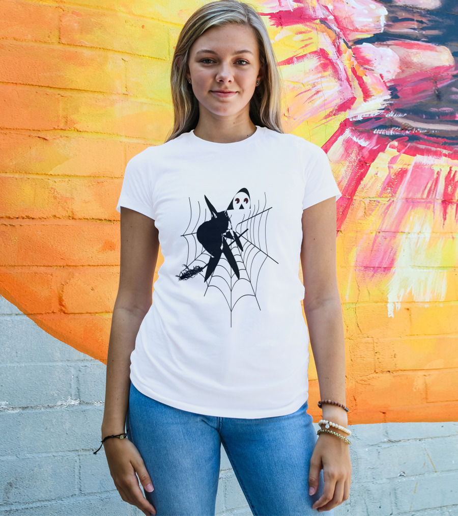 The Witch's House Spiderweb Logo Black Cat And Broomstick Silhouette Halloween T-Shirt