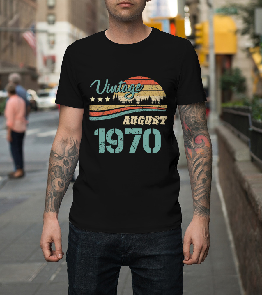 Vintage August 1970 Retro Sunset Forest Stars T-Shirt