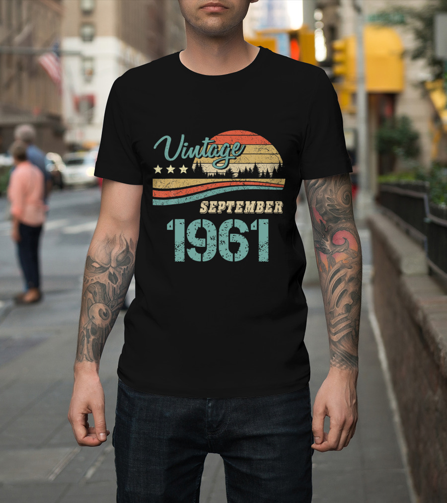Vintage September 1961 Retro Sunburst with Trees and Stars T-Shirt
